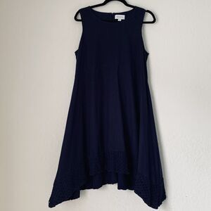 Elle Dress Women 12 Navy Blue Sleeveless Hi Low Hem Cotton Stretch Flowy Nautic
